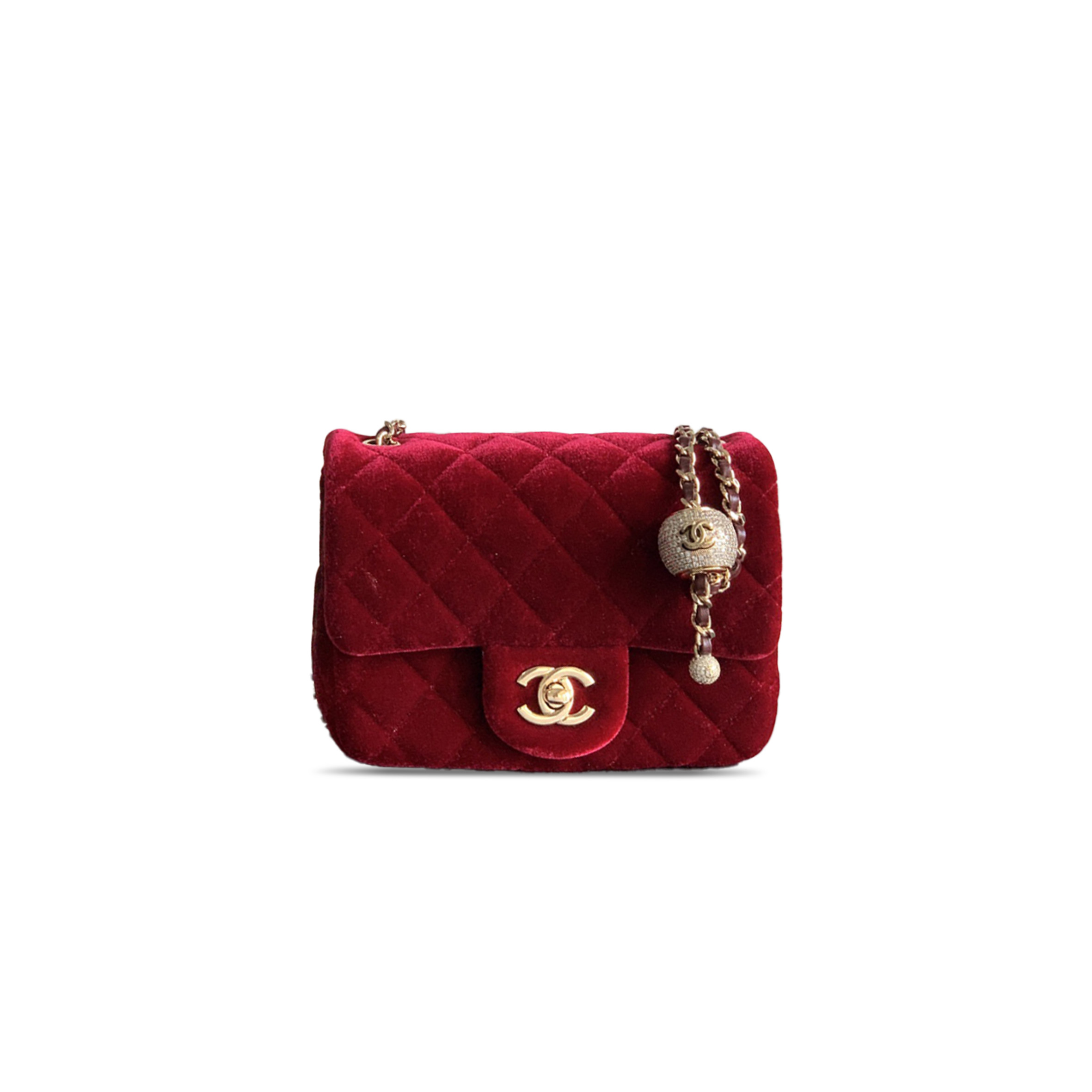 CHANEL MINI FLAP BAG VELVET, DIAMANT & GOLD-TONE METAL BRIGHT RED AS1786 (18*13*7cm)